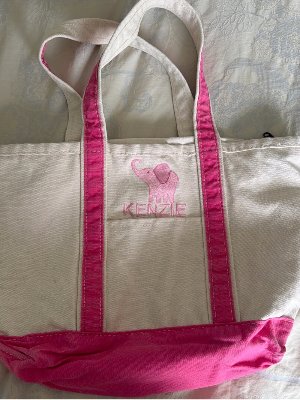 CB station embroidered Kenzie and elephant Pink and Cream Kids Canvas Tote Bag